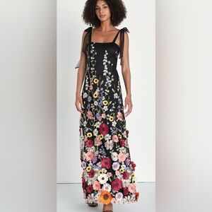 Lulus Thriving Poise 3-D Floral Embroidered Tie Shoulder Maxi Dress
